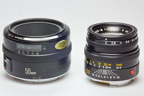 Canon EF50mmf1.8 (I), Rechts: Leica Summicron 50mmf2.0 (V)